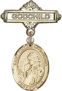 14kt Yellow Gold Baby Badge with St. Finnian of Clonard Charm and Godchild Badge Pin 1 X 5/8 inches