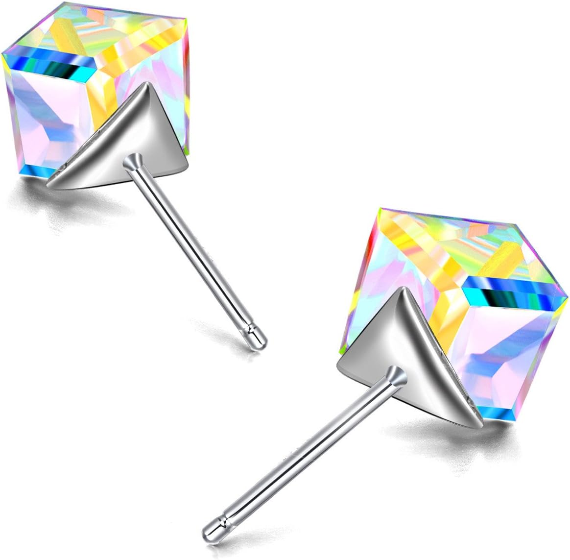 Hypoallergenic Sterling Silver Cube Stud Earrings with Blue Aurora Crystals from Austria Valentines Day Gifts for Her Fine Jewelry Gifts for Women Girls
