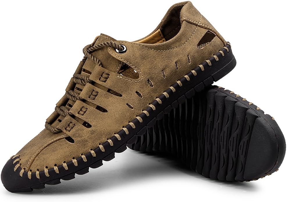 Moodeng Men's Sandals Leather Breathable Close-Toe Sandals Non-Slip Summer Adjustable Beach Fisherman Slippers Outdoor Khaki