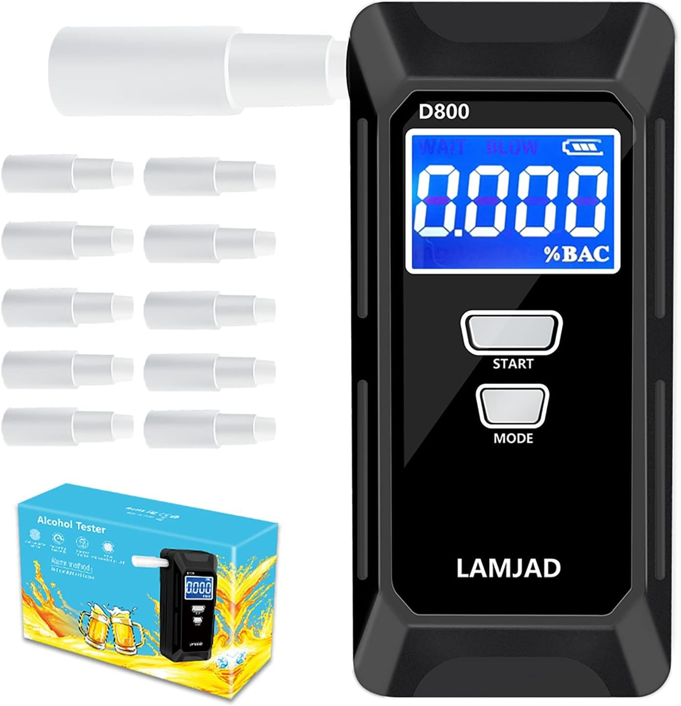 LAMJAD Breathalyzer, Professional Alcohol Tester with Digital LCD Screen, semiconductor sensors and 10 mouthpieces, Police-Specific Alcohol Meters for Personal and Professional use (D800)