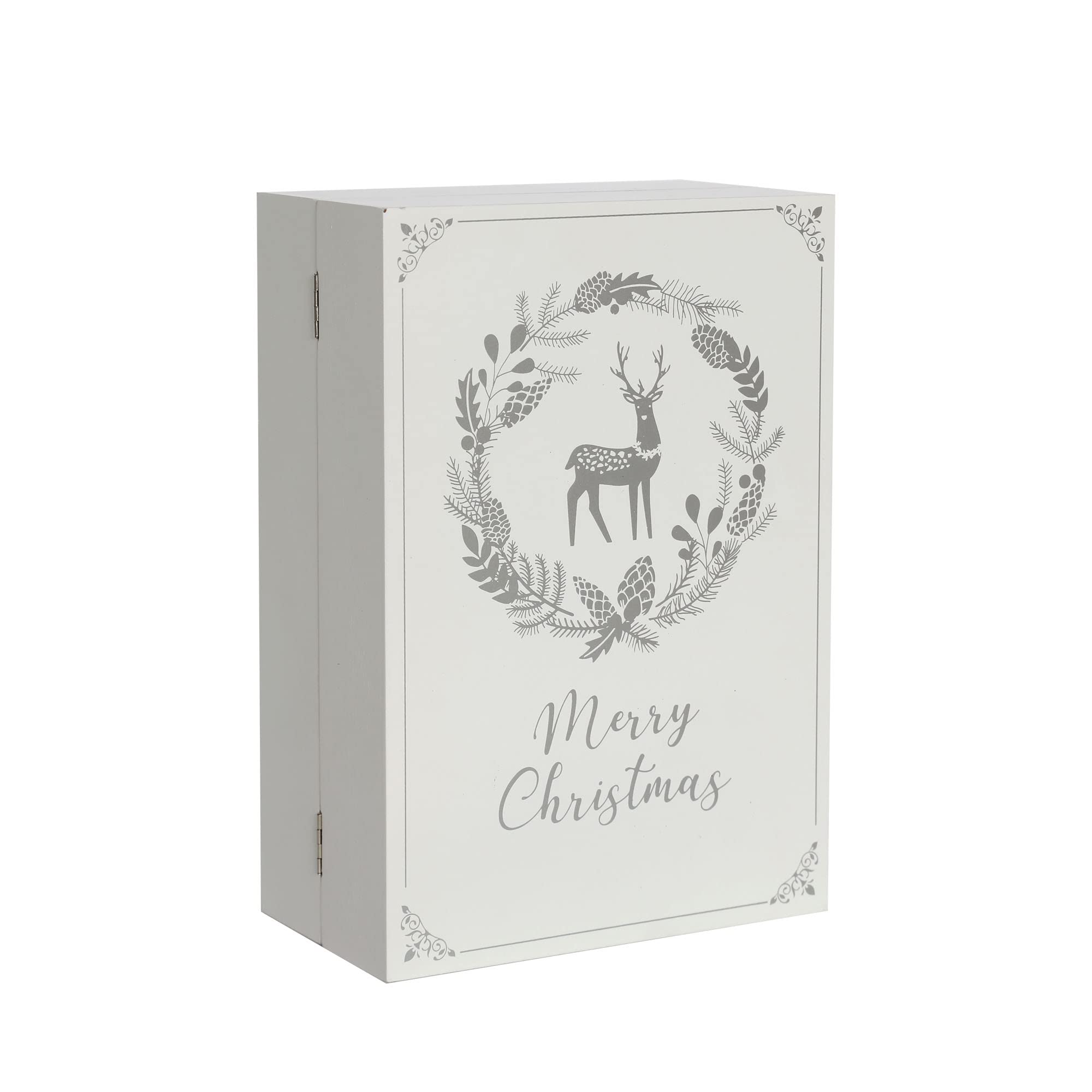 PE Weihnachten Holz Adventskalender Buch mit Schubladen und LED, Wiederverwendbarer Weihnachts-Countdown Holz-Adventskalender mit Dorfwald Rentier-Szene Erwachsene Kinder (Weiß & Gold)