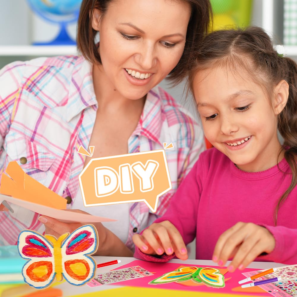 XLZJYIJ 40 Kits Bricolage Papillons En Bois Avec Crayon Aquarelle Et Pierre Précieuse Autocollante, Bricolage Papillons à Vent Artisanat, DIY Loisirs Créatifs Pour Enfants Activité Manuelle