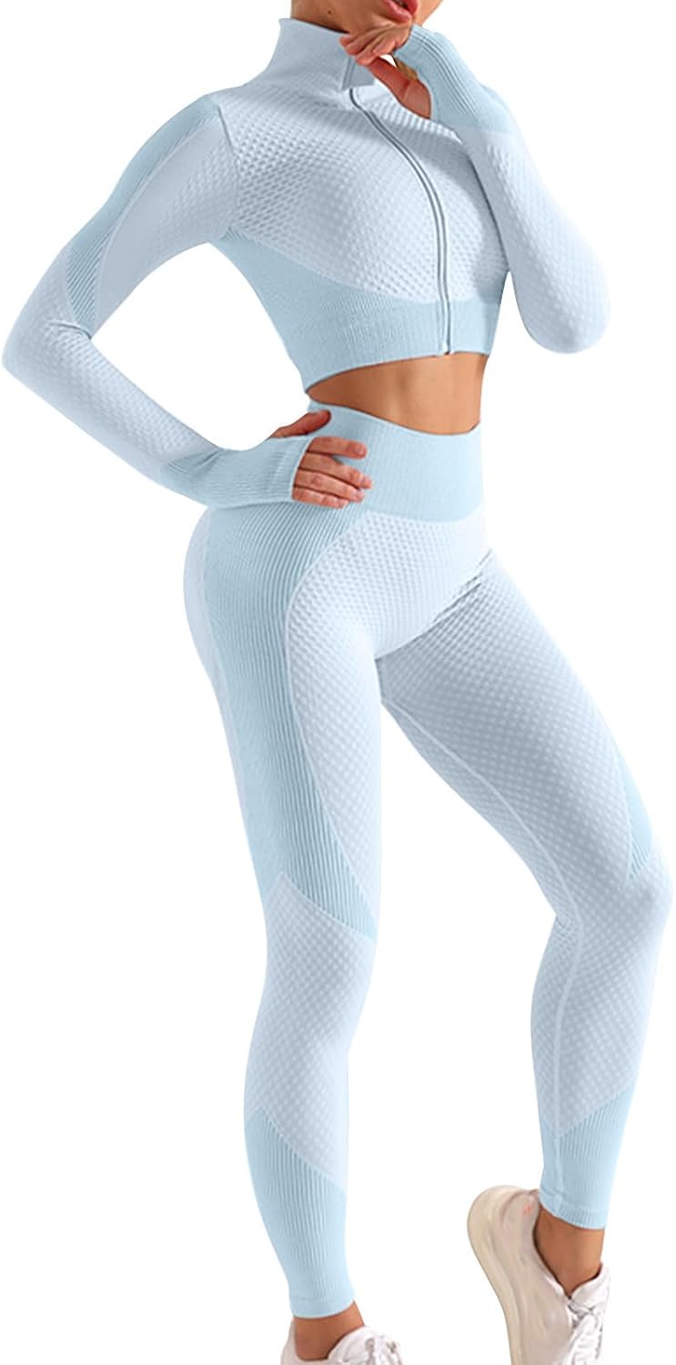 3 Piece Workout Sets for Women Long Sleeve Butt Lifting Leggings Athletic Jogger Outfits Yoga Crop Sets Sportswear