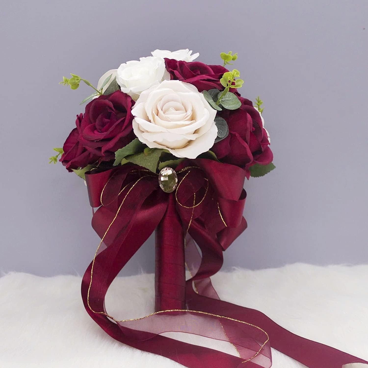 Abbie Home 9 inches Burgundy & White Artificial Wedding Bridal Bouquet Blooming Real Touch Rose Wedding Tossing Bouquet for Wedding Ceremony Anniversary Bridal Shower Decor (Bouquet)