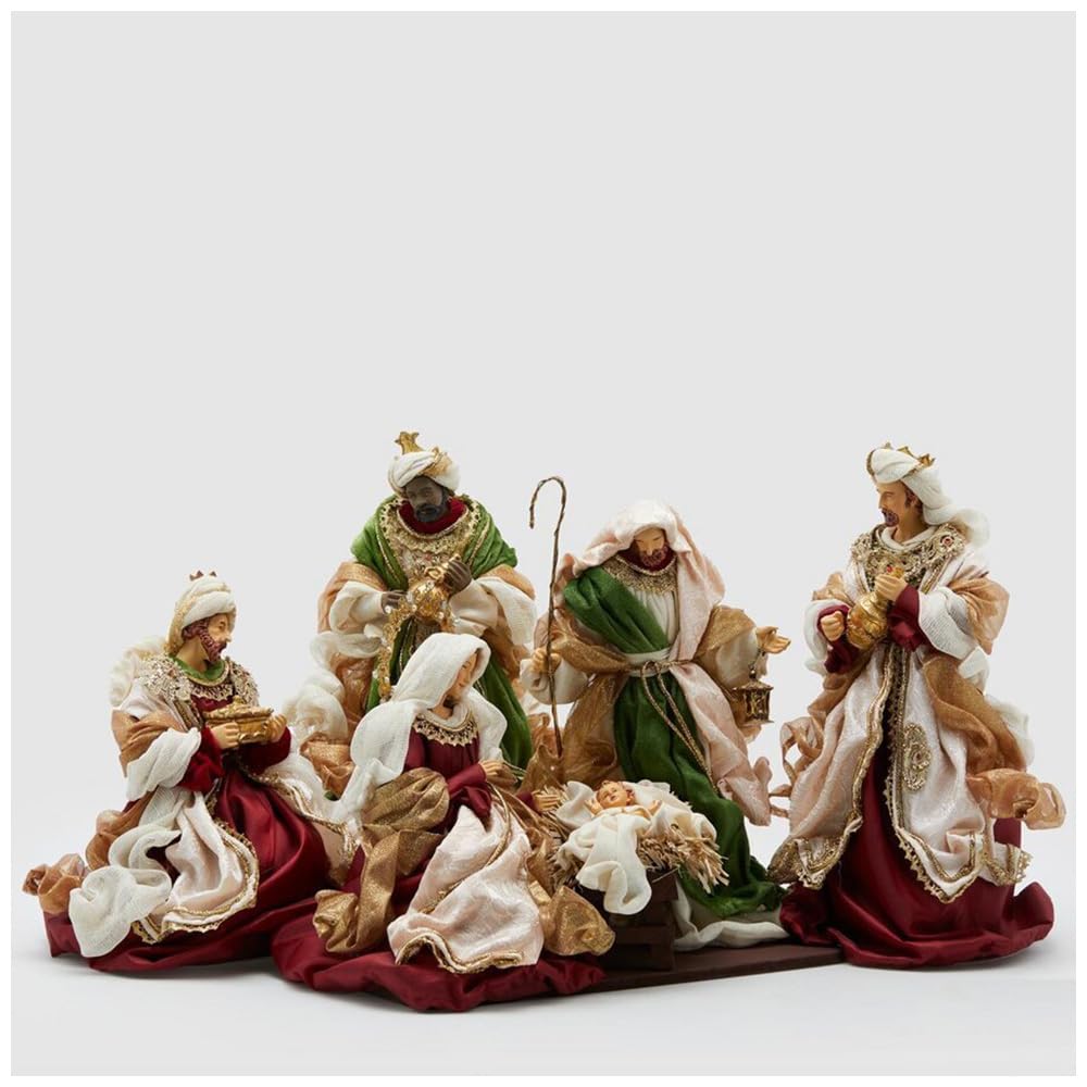 EDG - Enzo De Gasperi Belén Figuras de los Reyes Magos con Sagrada Familia en resina y tela Set 4 piezas Alt. 36 cm