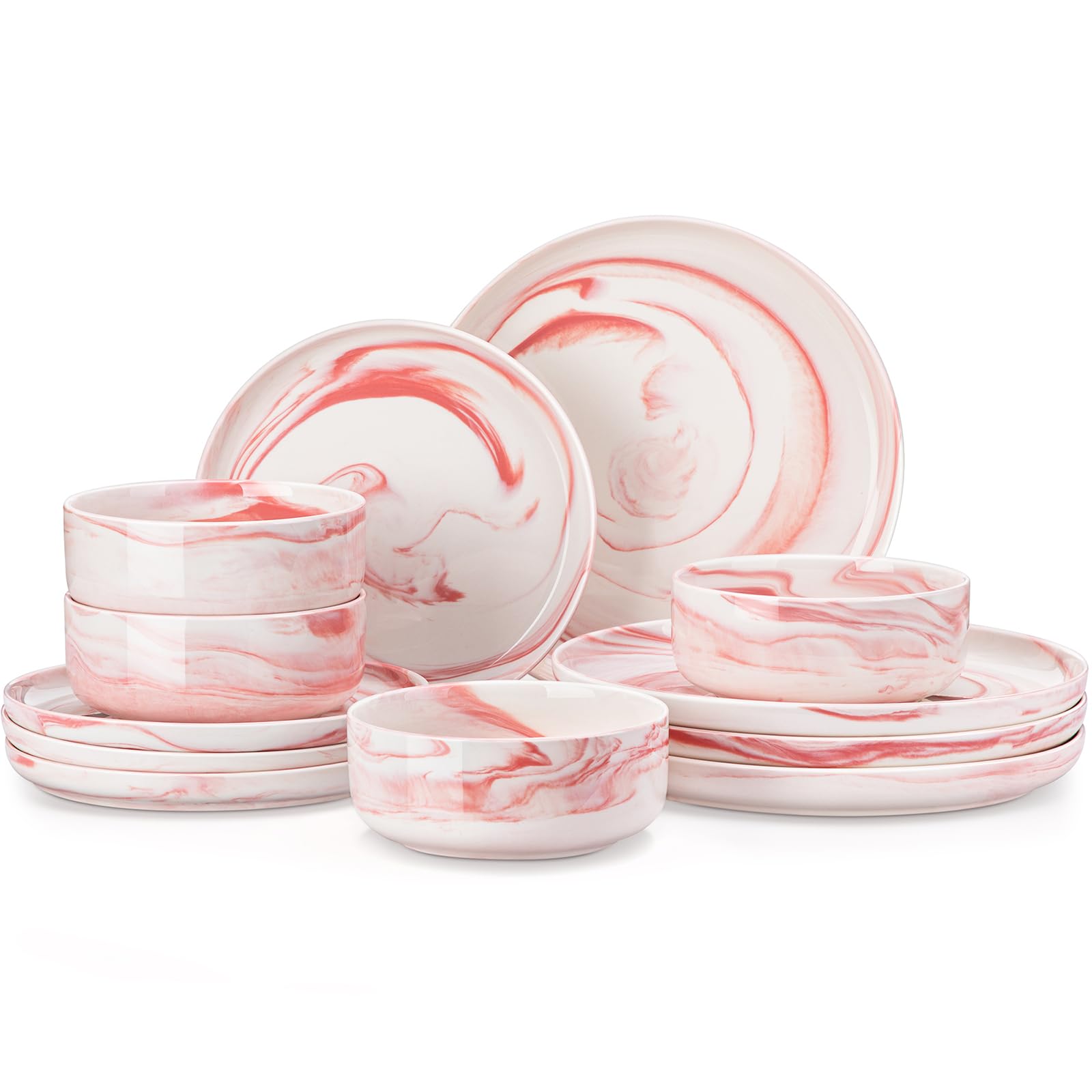 MALACASA Plates and Bowls Sets, 12 Pieces Porcelain Dinnerware Sets Dishware Sets Chip Resistant Ceramic Dish Set Dining Dinner Ware Service for 4, Marble Pink, Series LUNA
