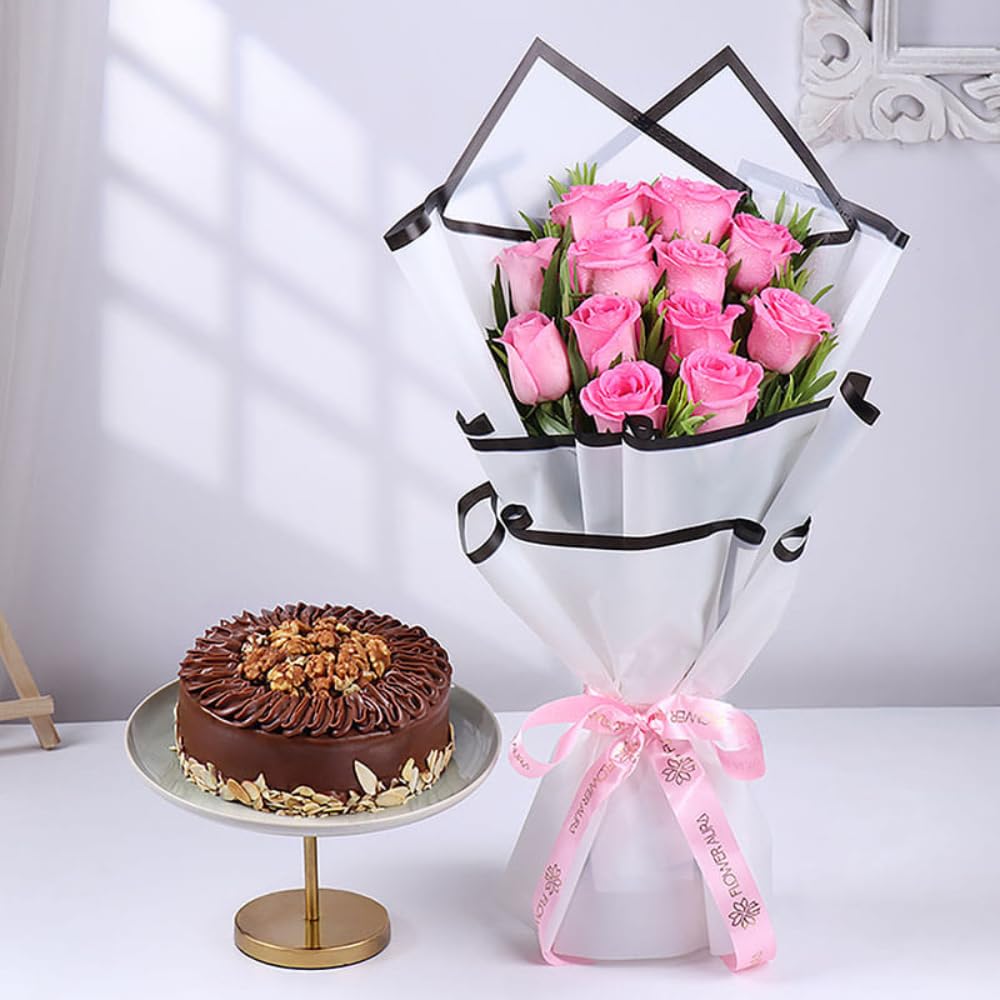 FlowerAura Premium Combo of Fresh Live 12 Pink Roses Flower Bouquet With Delicious 500g Chocolate Nuts Cake For Birthday | Anniversary | Valentine's Day | New Year | Christmas (Same Day Delivery)-image-30