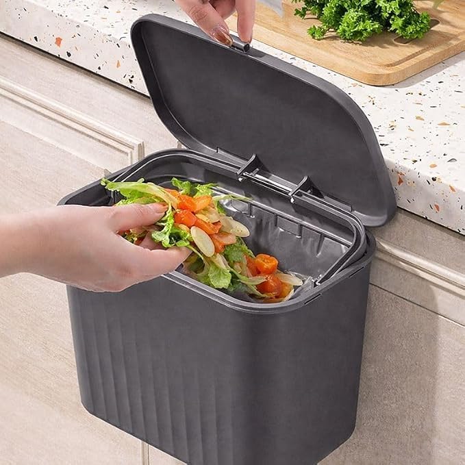 Image of SR Plastic Hanging Kitchen Trash Can with Lid- Cabinet Door Hanging Garbage Bin, Double-Sided Open Flip Lid, Wall Mounted Kitchen Waste Bin, Under Sink Storage Trash Bucket (7L) (Grey)