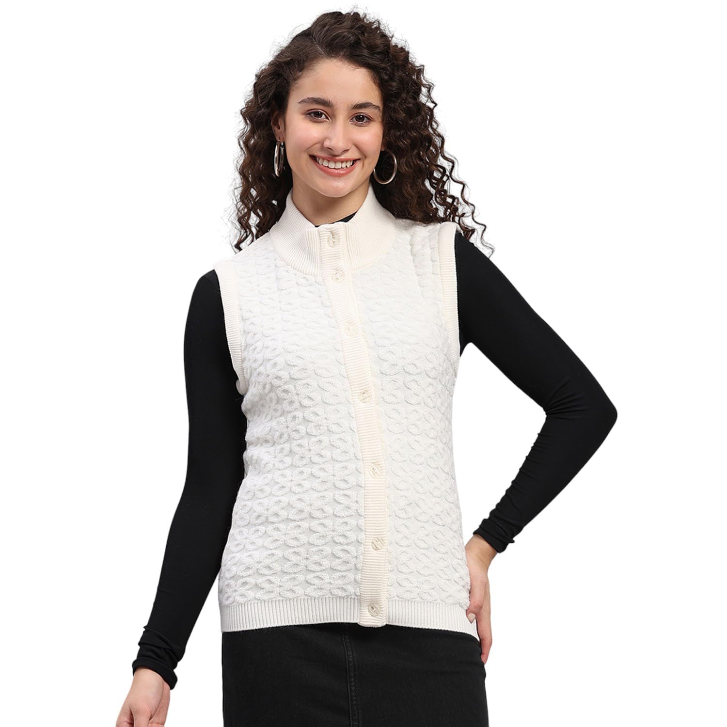 Womens Regular Fit Self Designed Button Sleeveless Winter Cardigan | Warm Woolen Buttoned Sweater for Ladies | Stylish Knitted Cardigan for Women's (Pack of 1)-image-3