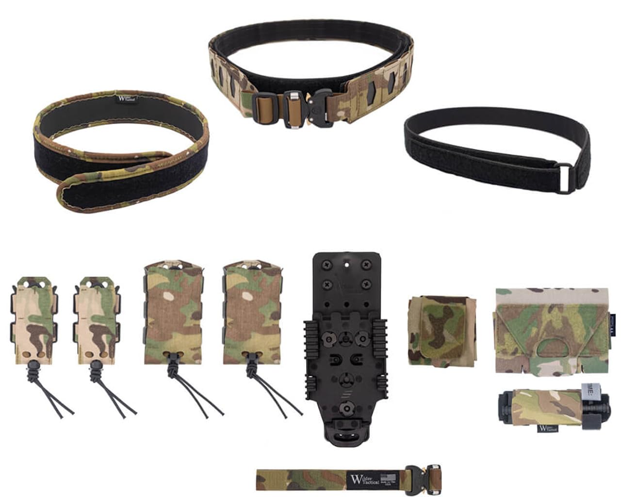 Wilder Tactical - COMPLETE Belt Package - HITMAN GEAR ELITE Range Kit w/FM Buckle, 2x Rifle & Pistol Mag Pouch, MHP Adapter for QLS, IFAK Med Pouch, Dump Pouch, XX-Large, Multicam