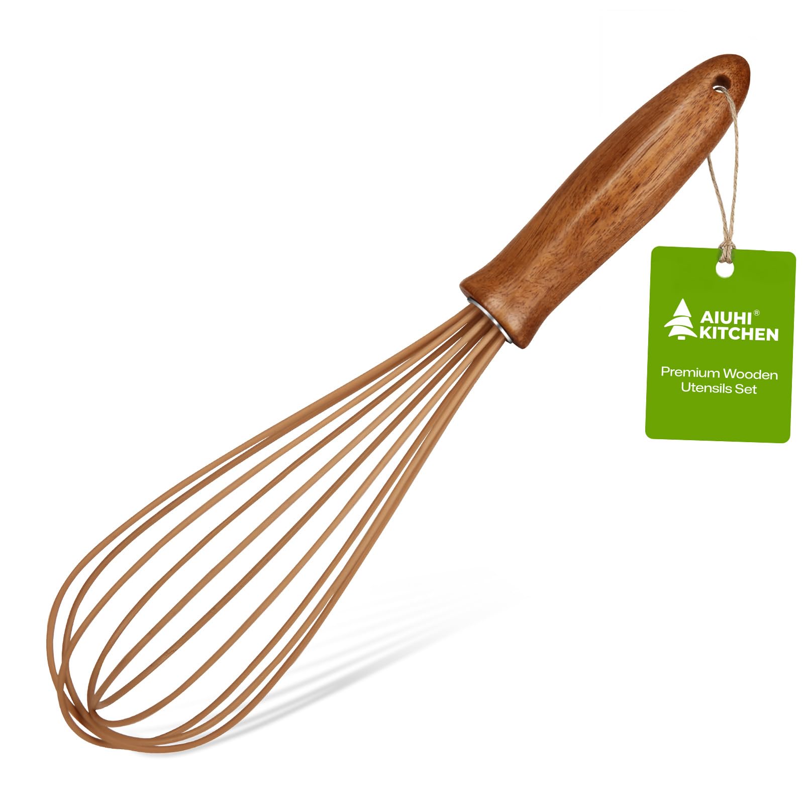 AIUHI Silicone Whisk with Wood Handle, 11.2" Balloon Egg Beater, Lightweight Kitchen Whisk for Blending Batter, Cream & Sauces