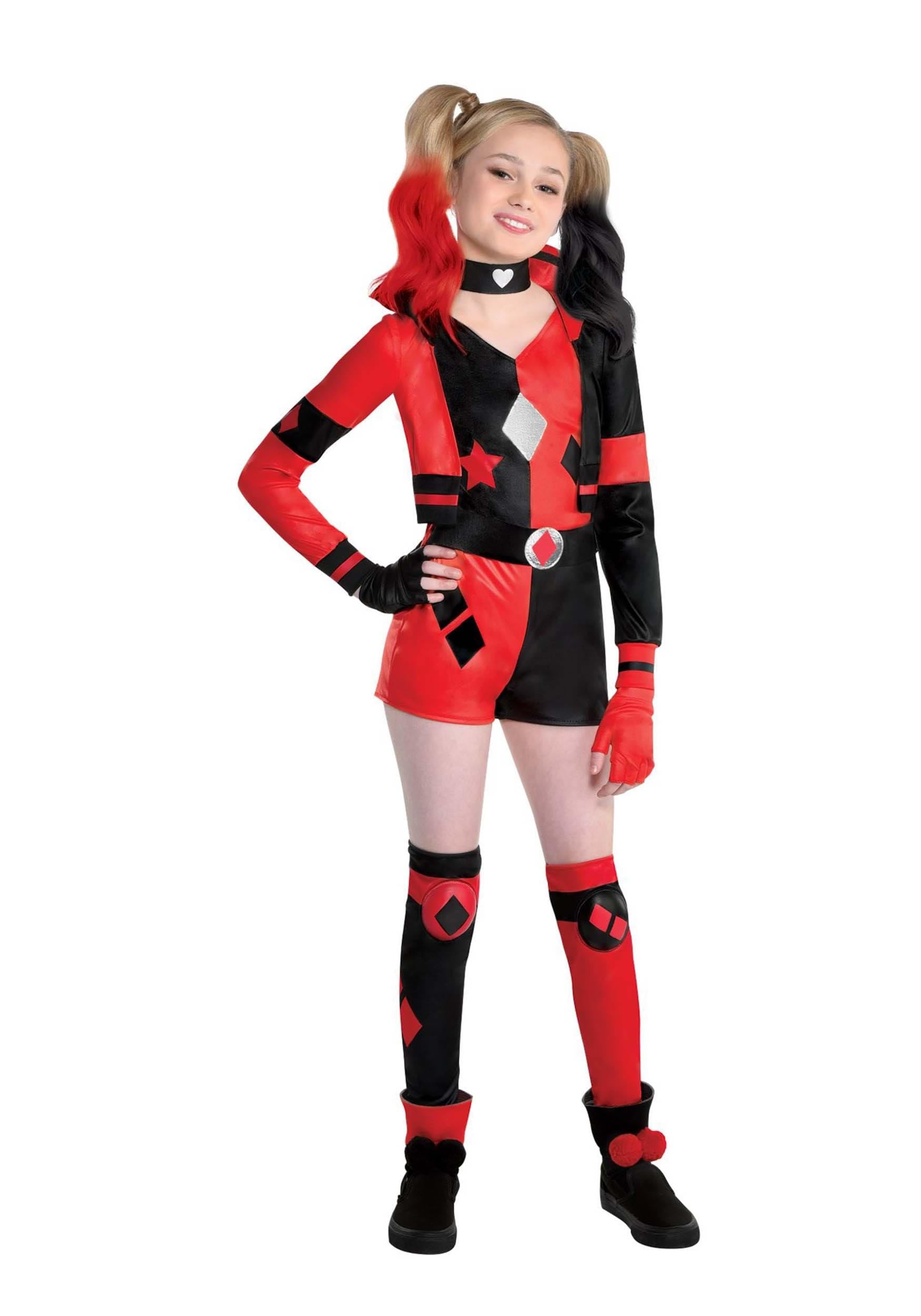 Party CityHarley Quinn Costume for Girls - DC Comics Harley Costume Includes Romper, Choker, Gloves & Leg Warmers - Costumes for Halloween, Birthday Parties & Themed Events