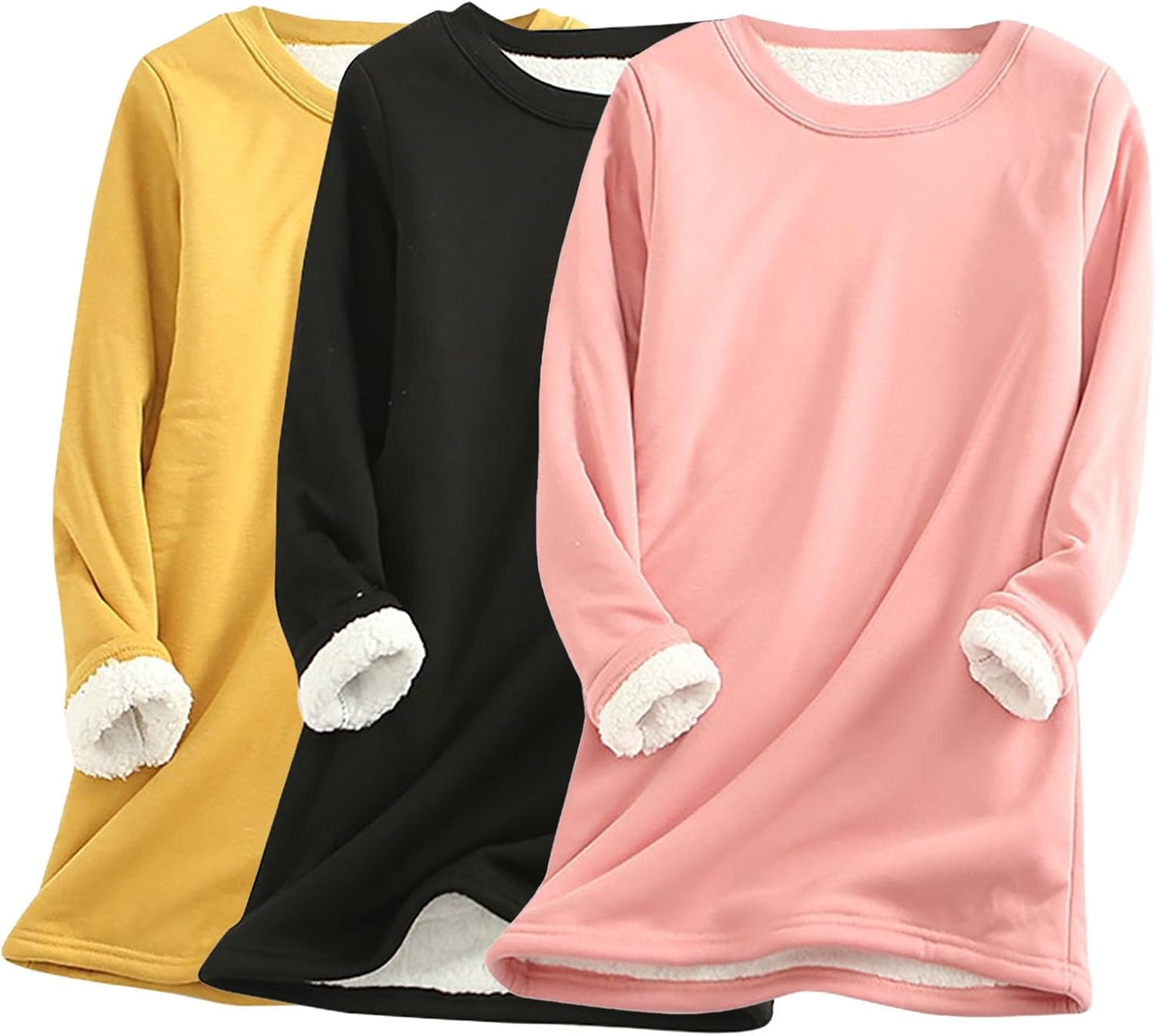 HGps8w 3 Pack Thermal Tops for Women Warm Sherpa Lined Fleece Crewneck Sweatshirt Comfort Solid Color Pullover Loungewear