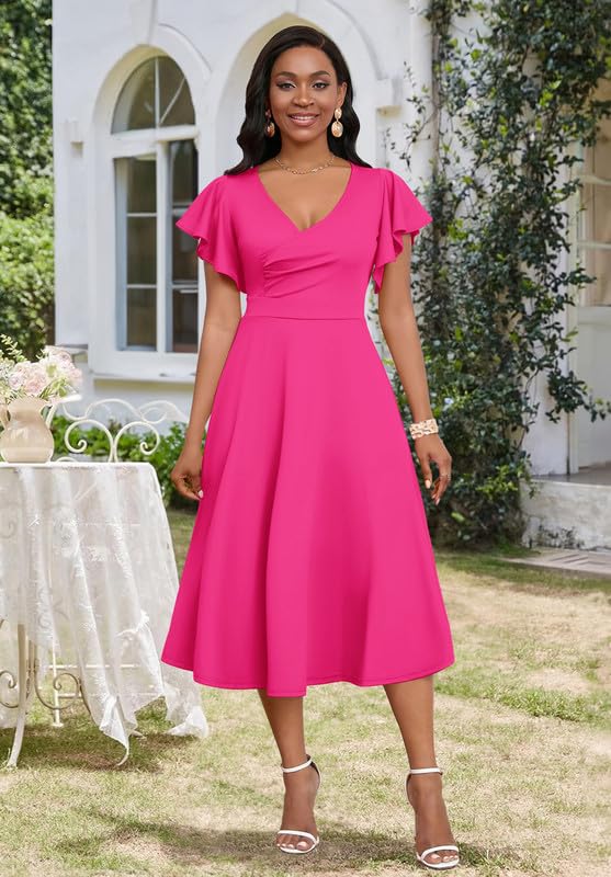 Image of MarryUP Women's Cocktail Midi Dress Elegant V Neck Ruffle Short Sleeve Wrap Wedding Guest Semi Formal A Line Dress