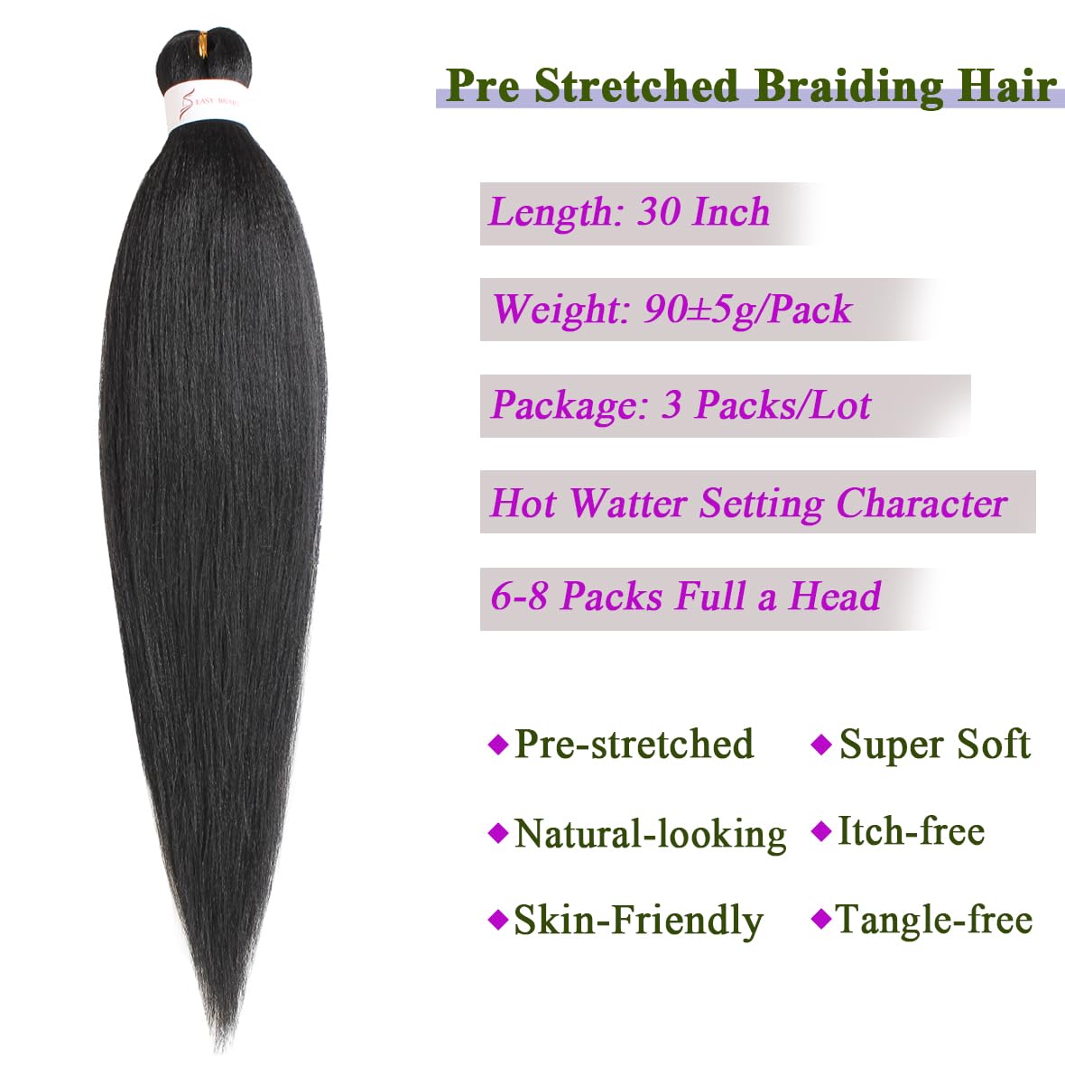 Kachanaa 30 Inch Pre Stretched Braiding Hair 3 Packs EZ Braids Yaki Hot Water Setting Kanekalon Hair for Braiding Yaki Texture Pre Stretched Braiding Hair Extensions 1B# - Image 3
