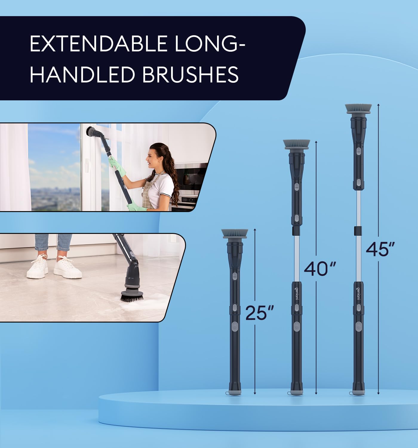 GENIANI Limpiador giratorio eléctrico, potente cepillo inalámbrico 360 para limpiar baño, azulejos, suelo, bañera y ducha con mango de extensión ajustable y 3 cabezales de cepillo giratorios