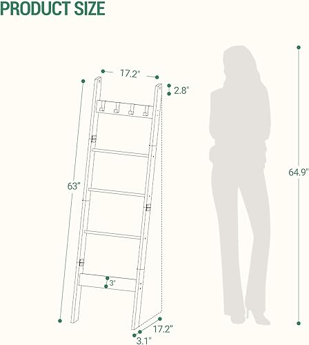 Miniatura 3 de Escalera para manta, para dormitorio, estante decorativo de madera con 4 ganchos extraíbles, organizador de escalera de granja de 5 niveles para