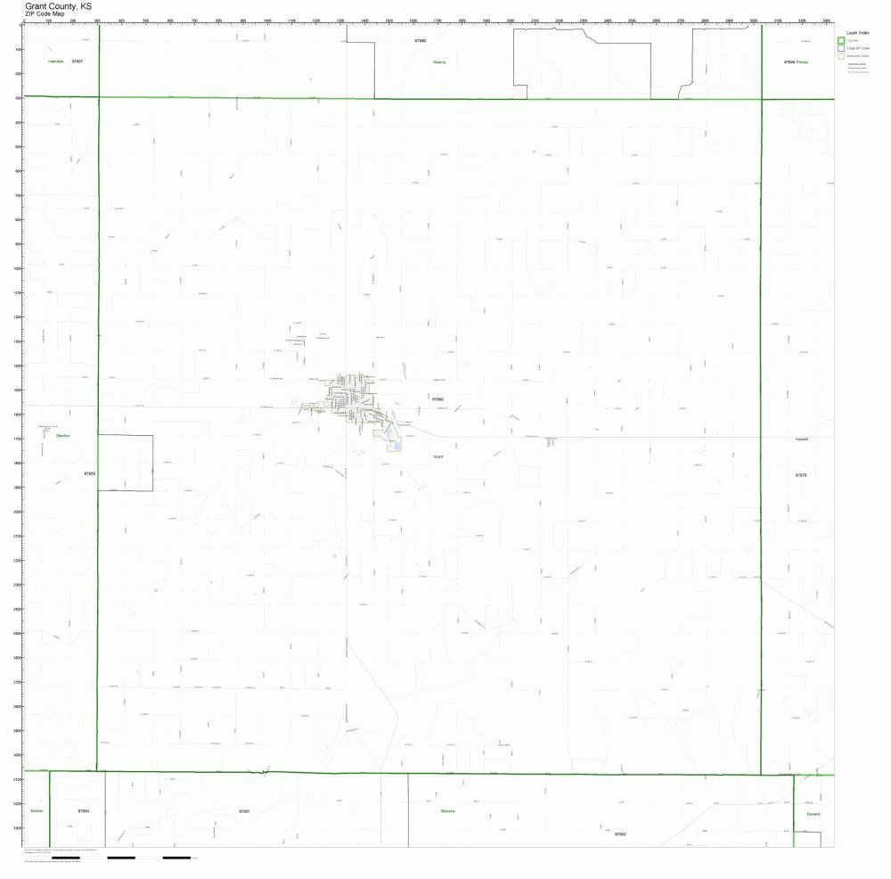Grant County, Kansas KS ZIP Code Map Not Laminated Office