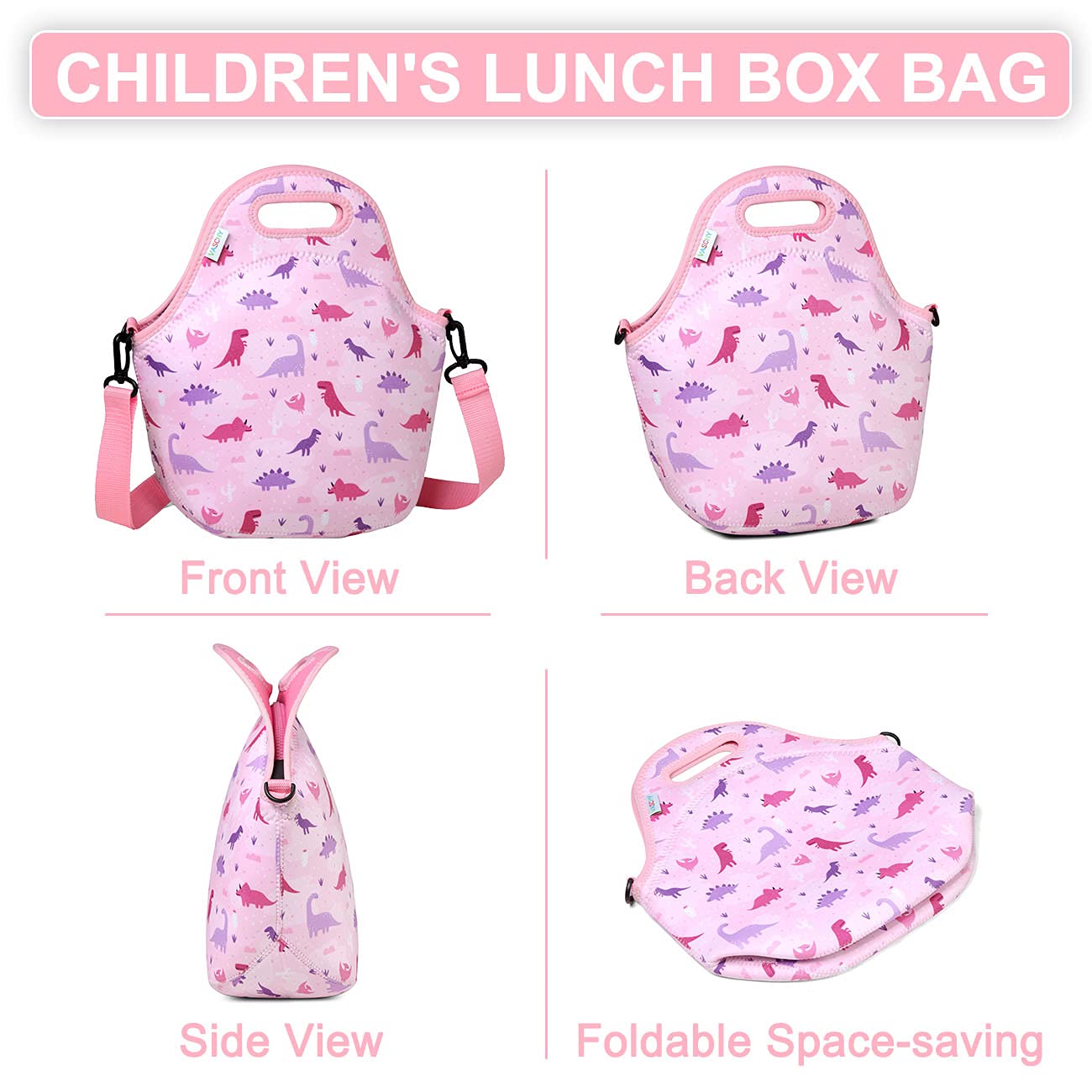 Lonchera para niños, bolsa de almuerzo ligera de neopreno para niños pequeños y niñas a la escuela, guardería, jardín de infantes, dinosaurio rosa 6