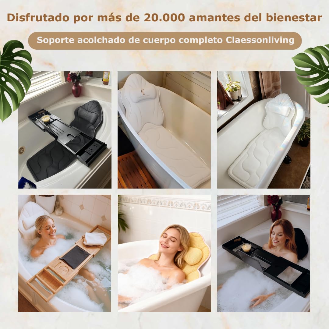 Cojin bañera (126x41cm) - Almohada bañera con apoyacabezas (13cm) y Soportes para el Cuello, Espalda y piernas – Incluye: Bath Pillow, Bolsas de Lavado y de Viaje, Gancho para Secado rápido Blanco