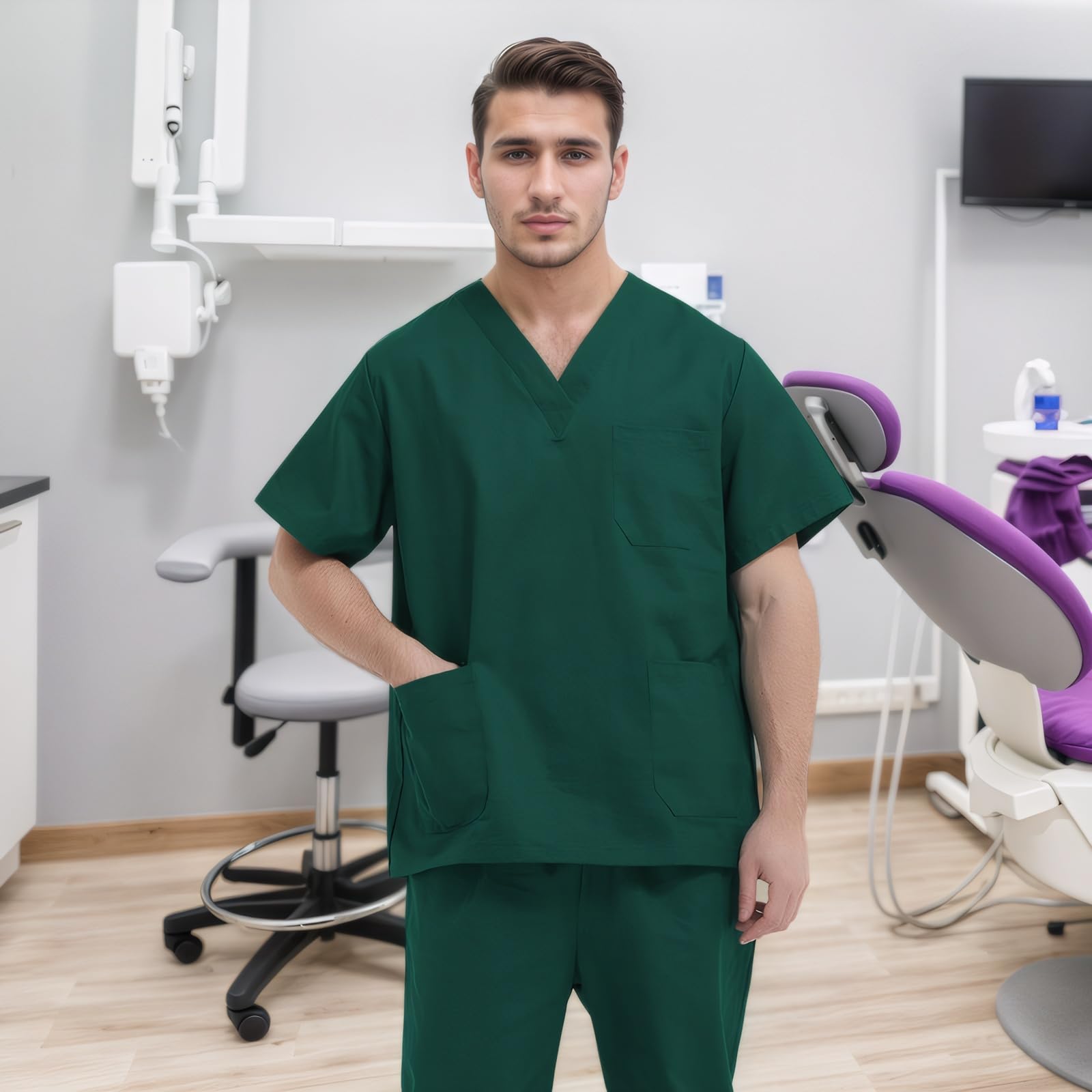 Chesoon Uniforme Médico para Hombres Verano Manga Corta Conjunto Tejido Elástico Secado Rápido para Dentistas Clínicas
