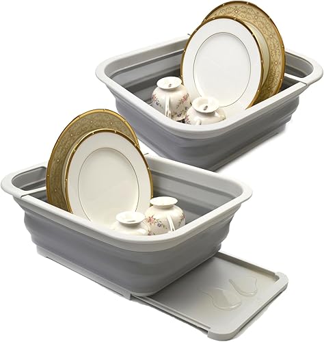 SAMMART Juego de 2 escurridores plegables con escurridor, juego de escurridor plegable, organizador de vajilla portátil, bandeja de almacenamiento