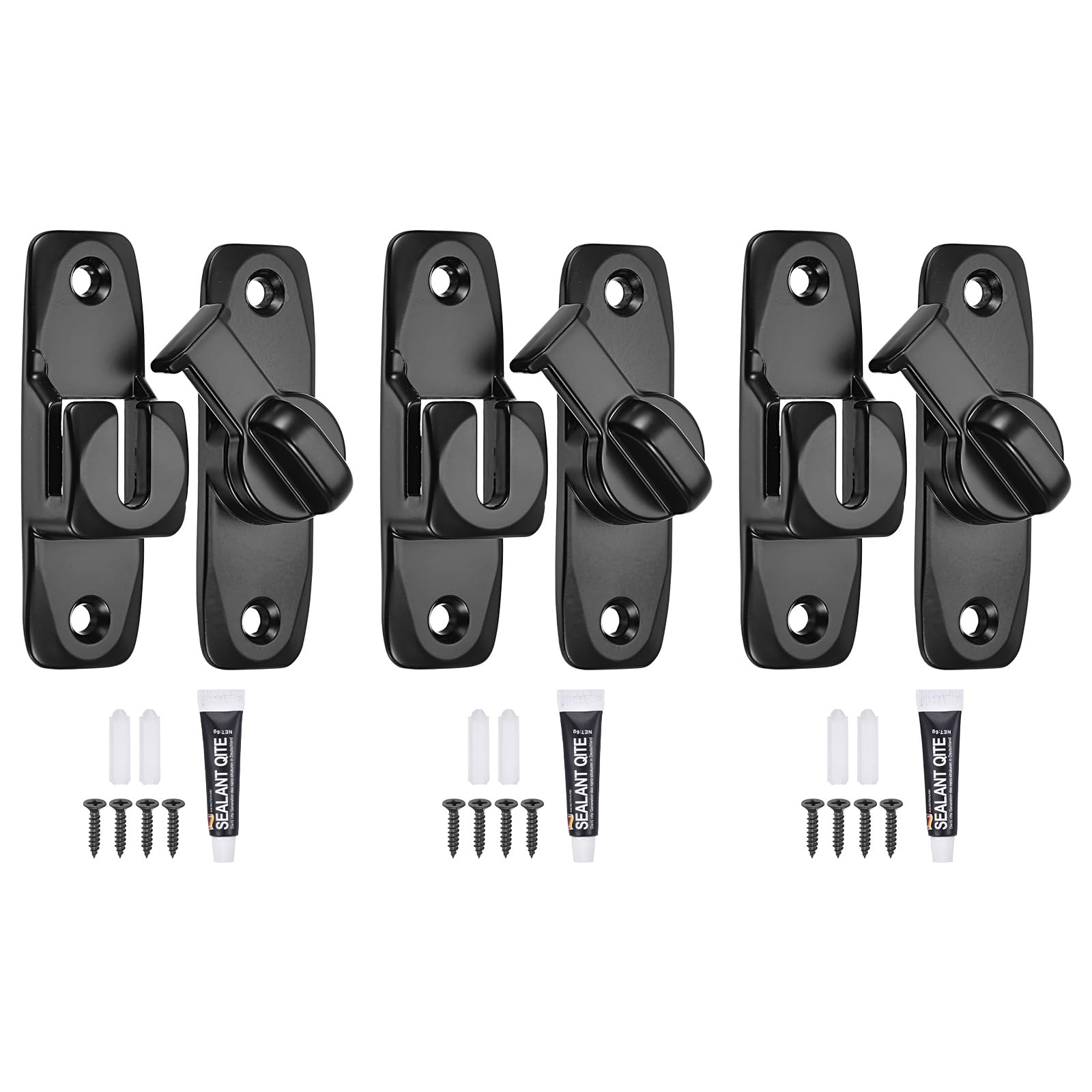 sourcing map 3Pcs Barn Door Lock, 90/180 Degree Flip Barn Door Lock Aluminium Alloy Sliding Security Latch with Screws & Nail-Free Adhesive for Garden Bathroom Garage, Black