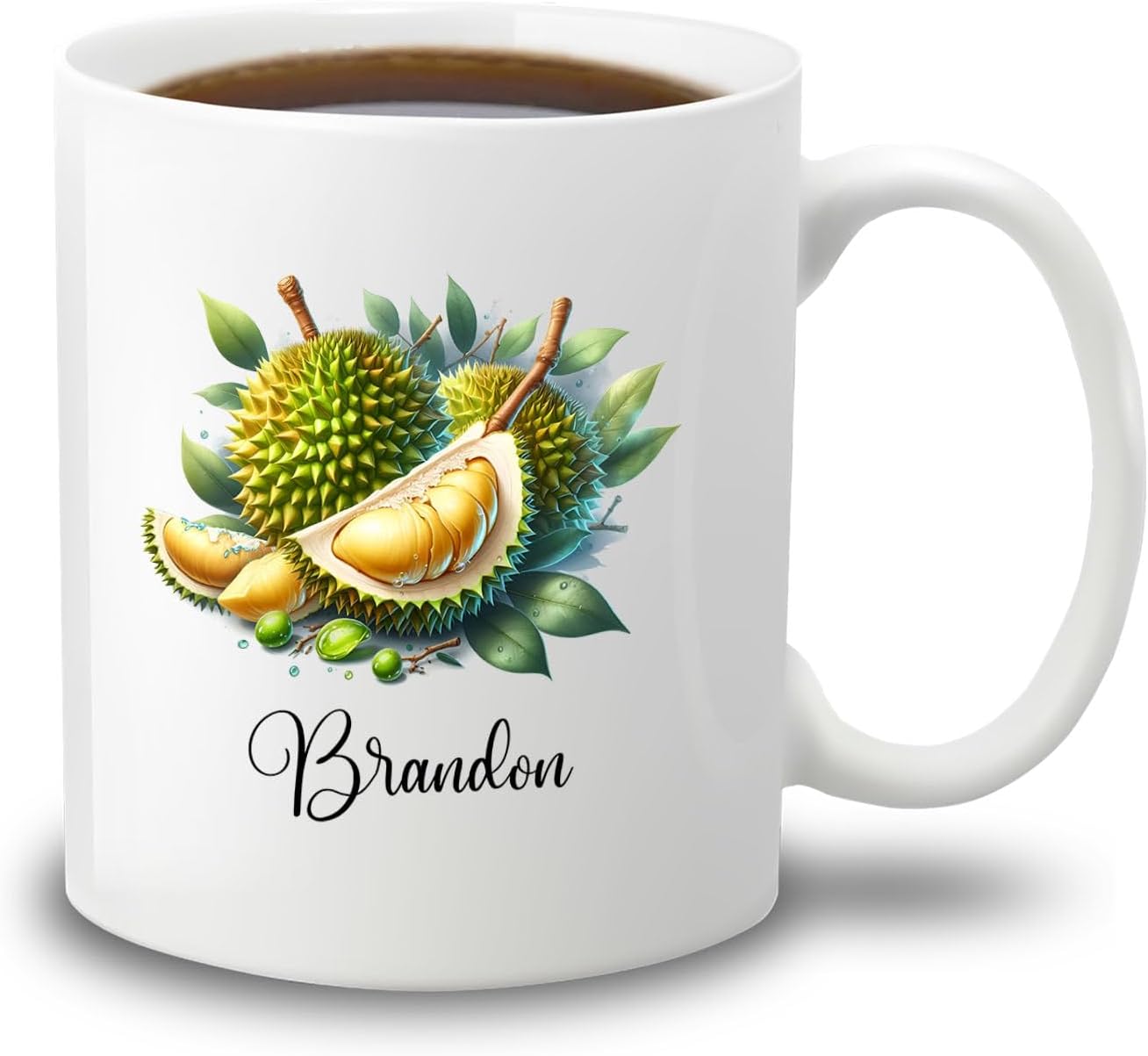 Personalized Durian Coffee Mug Cup 11 Oz 15 Oz, Unique Durian Fruit Coffee Cup, Custom Name White Ceramic Mug Gift For Durian Lovers Durian Fans, Novelty Durian Travel Mug Gift For Birthday Christmas