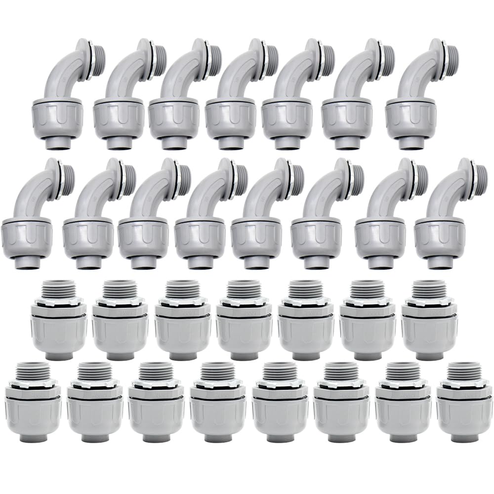 MAKERELE Paquete: 15 conectores rectos de 180° y 15 conectores herméticos de PVC de 90° con codo de 90°, certificación UL, conectores de conducto eléctrico de alta calidad para uso profesional e