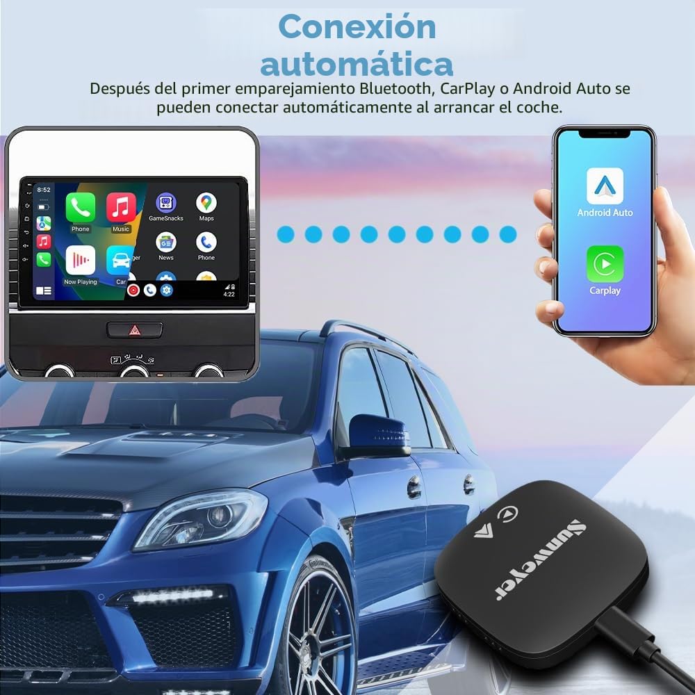 Sunweyer SW05 Adaptador CarPlay Android Auto Inalámbrico 2+32GB con Play Store y Netflix/Youtube - A Inalámbrico, TF/USB, Instalación Apps (Solo para Sistemas con Cable)