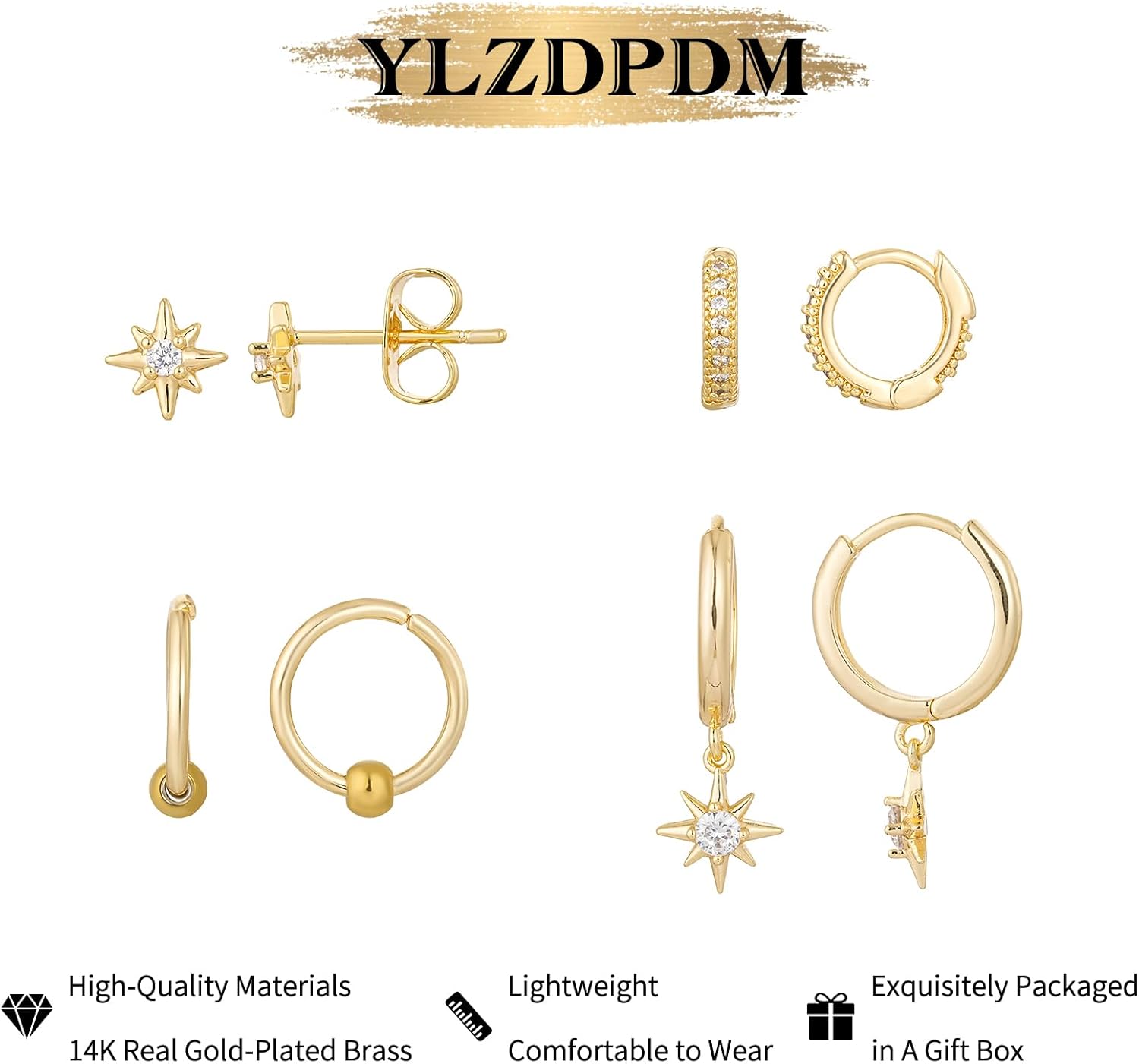 Gold Earrings for Women 14K Gold Plated Cubic Stacks Earring Star Moon Diamond Starburst Huggie Hoop Earrings for Women Trendy Jewelry - Image 4