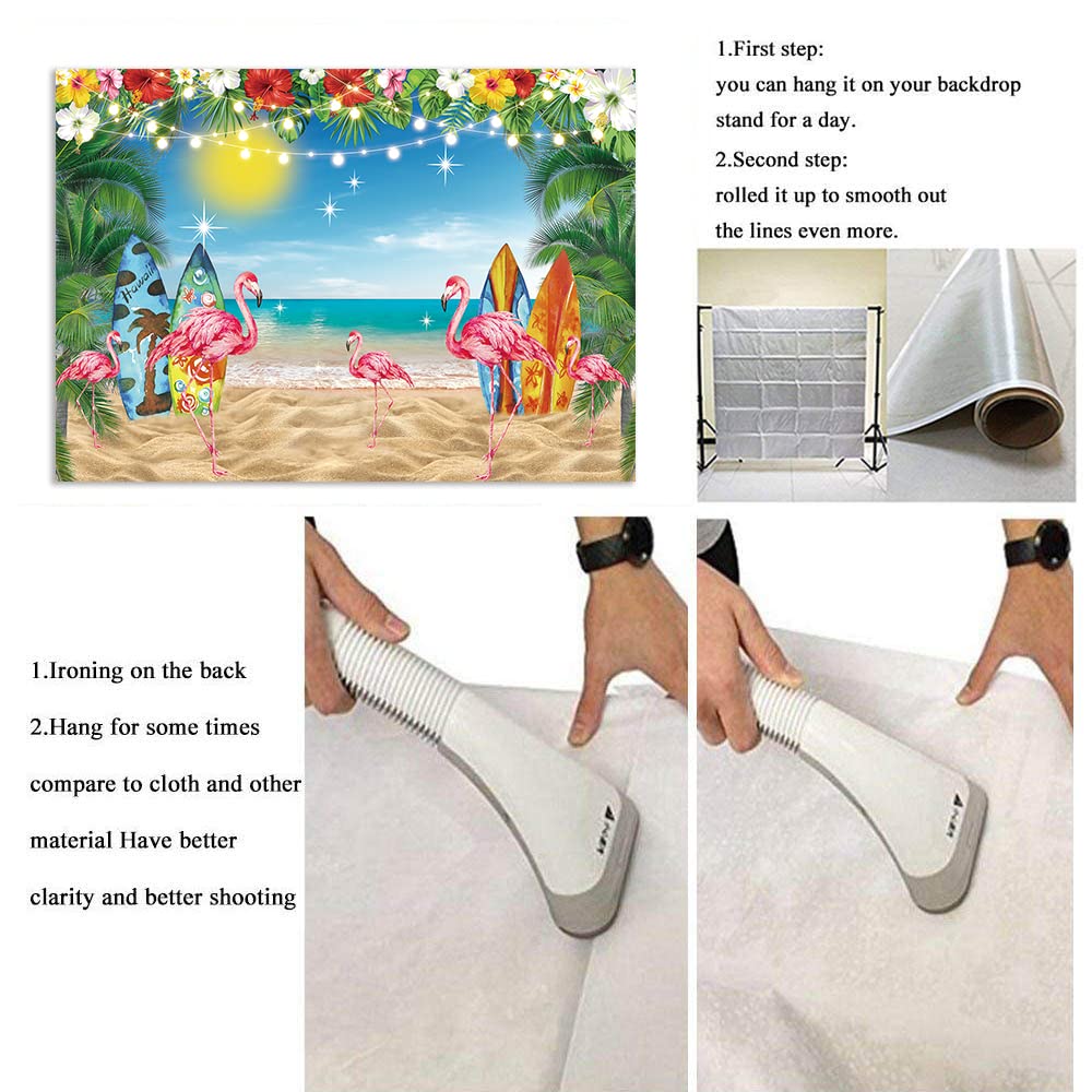 Toile de fond d’été pour plage hawaïenne tropicale, toile de fond d’été pour île tropicale, bord de mer, surf, ciel, océan, flamant rose, feuilles de palmier, bannière de décoration, Aloha, luau, fête