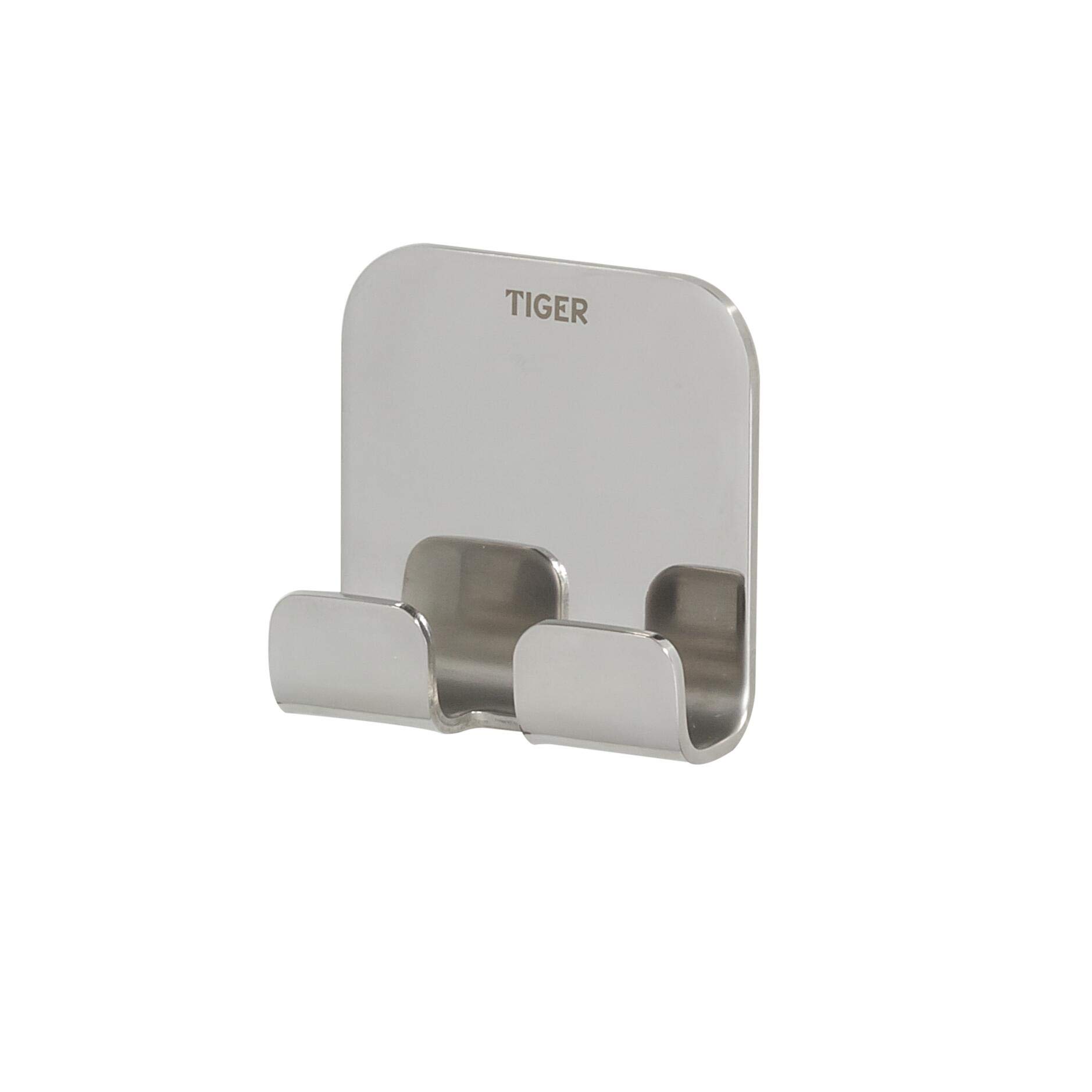 Tiger Colar Badaccessoire-Set, 3-teilig, bestehend aus Toilettenpapierhalter mit Ablage, Haken und WC-Bürste zur Wandbefestigung, Montage ohne Bohren Dank integrierter Klebefolie, Edelstahl poliert