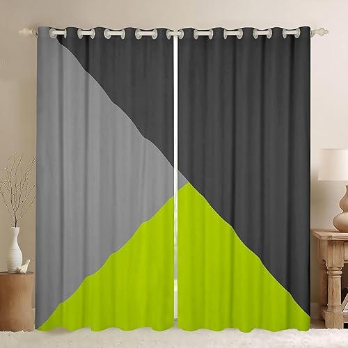 Cortinas y cortinas opacas con patrón geométrico de retazos, color verde lima y gris, cortinas de ventana con patrón geométrico triangular,