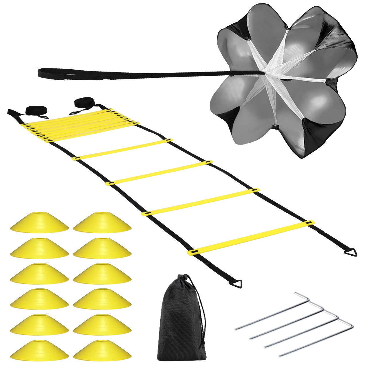 BuluriFitness Agility Ladder & Sport Speed Training Set - 2 Agility Ladders, 12 Disc Cones, 4 Metal Hooks,1Resistance Parachute,1Carry Bag – Exercise Workout Equipment for Outdoor Workout