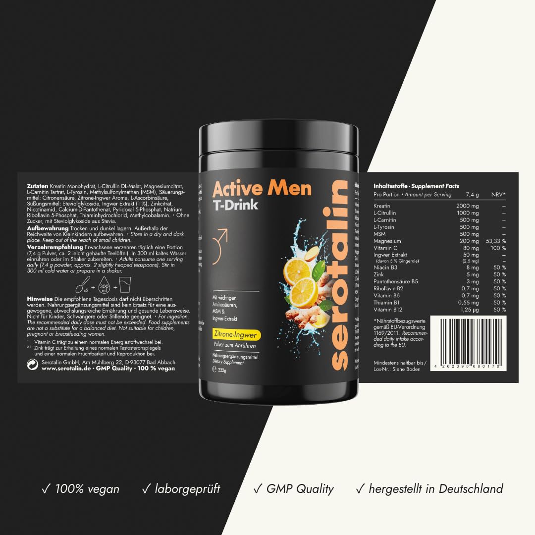 serotalin Active Men All-in-One Bundle für Männer - 60er Kapseln mit Maca & Shilajit + T-Drink mit Kreatin & L-Citrullin - Für Sport & Alltag