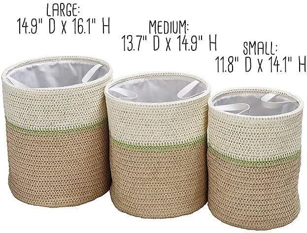 Honey-Can-Do Storage Basket 3 Piece Nesting Set with Handles, Natural Woven, Laundry Hamper, Multipurpose Basket for Bedroom, Bathroom, Blankets, Clothes, Toys, Books, Cabinets and More - Green/Beige