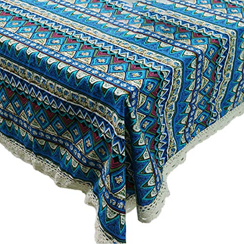LARUISEE Nappe ethnique vintage en coton et lin avec rayures géométriques imprimées en dentelle pour décoration de table de cuisine