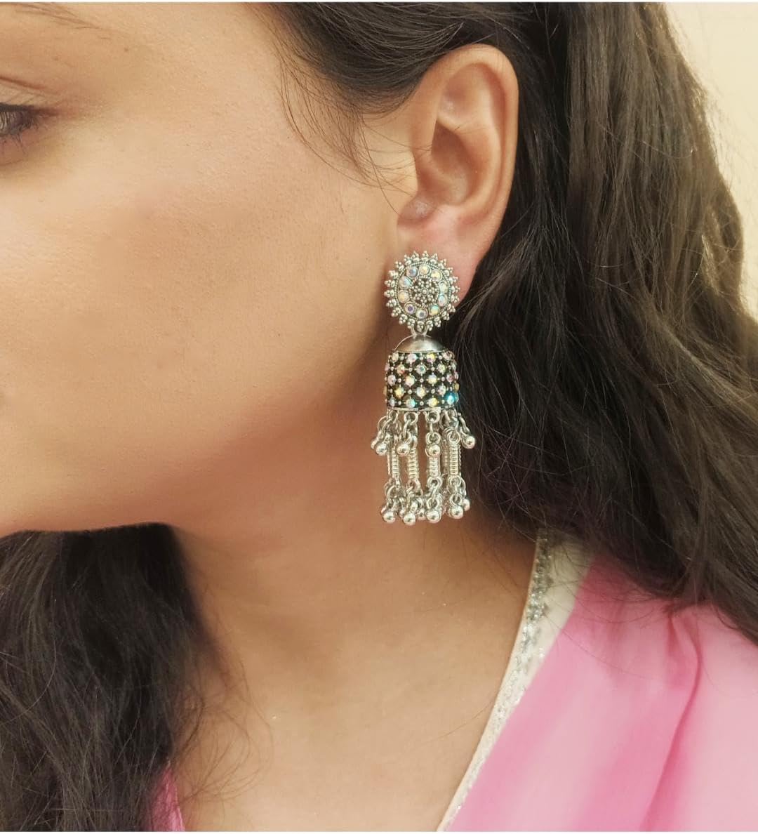 Efulgenz Antique Boho Oxidized Indian Earrings for Women Floral Crystal Round Stud Earrings Jhumka Jhumki Earrings Set Indian Oxidized Jewelry Dangle Earrings Bohemian Statement Jewelry Set for Women