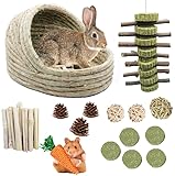 HERCOCCI Extra Large Rabbit Grass Bed, 18 PCS Pet Bunny Chew Toys - Handmade Woven Hay Bed and Hideout with Straw Hay Mat for Bunny Guinea Pig Chinchilla to Play Sleep Eat (Medium)