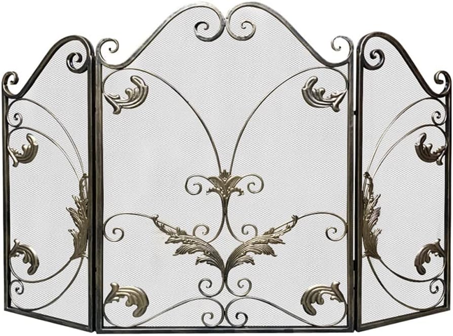 Fireplace Screen Fireproof Screen Carved Tri- Fold Wrought Iron Made Old Fireplace Partition Screen Floor-to- Ceiling Household Fence with Net Fireproof Screen Indoor Firep,