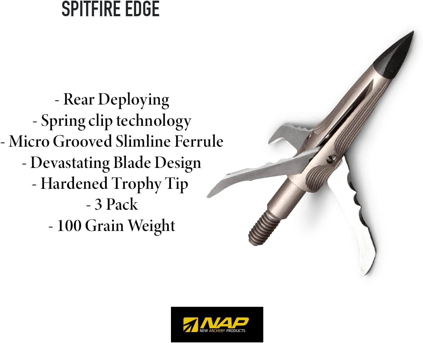 New Archery Products Spitfire Edge 100 Grain 1.75" Cutting Diameter 3-Blade Durable Precise Rear-Deploying Bow Hunting Broadhead - 3 Pack