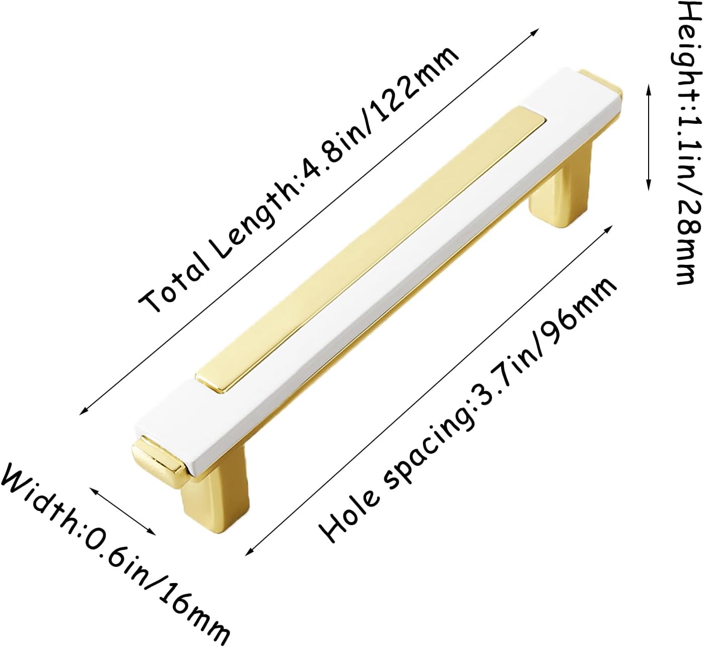 10 Pack Modern White and Gold Cabinet Pulls,3.7 Inch Hole Center Solid Zinc Alloy Drawer Handles, Anti-Rust Kitchen Hardware for Dresser, Cupboard and Bathroom Vanity