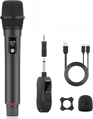 Aveek Karaoke Microphone Wireless Set, 2.4 GHz Wireless Handheld Microphone, 6.35/3.5 mm Microphone Opening, with Rechargeable Receiver, Suitable for Karaoke Machines, Weddings, DJs, Parties