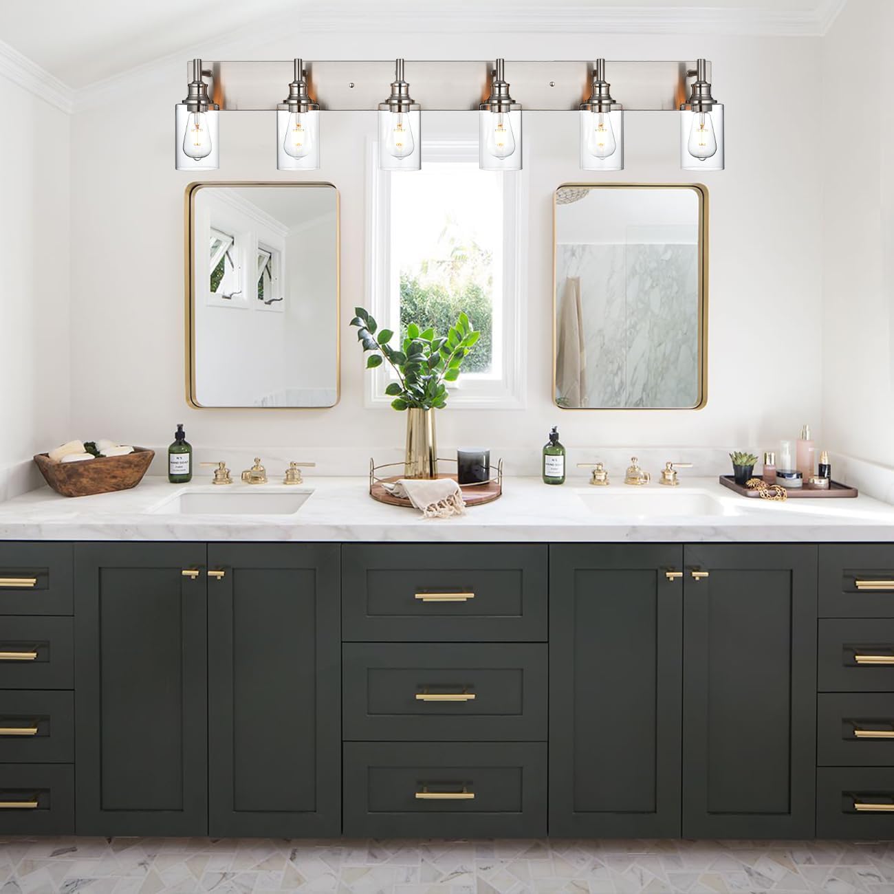 6 Light Bathroom Vanity Lights Brushed Nickel Bathroom Lighting Fixtures Over Mirror with Clear Glass, Industrial Wall Sconce Vanity Lighting Fixture for Bedroom Living Room, E26 Socket