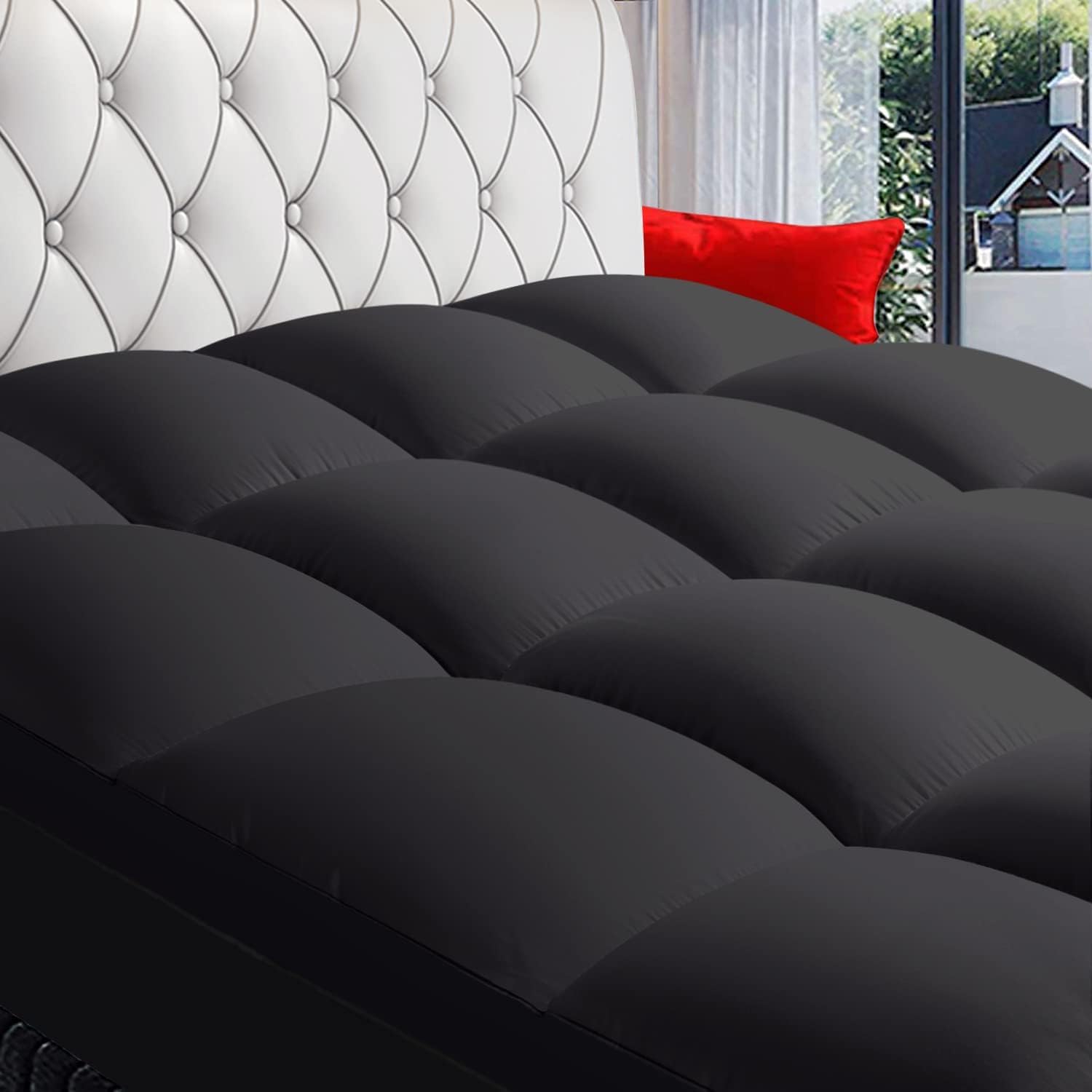 coonp full mattress topper, extra thick pillowtop, cooling plush mattress pad cover bed topper protector with 8-21 inch deep pocket (black, full)