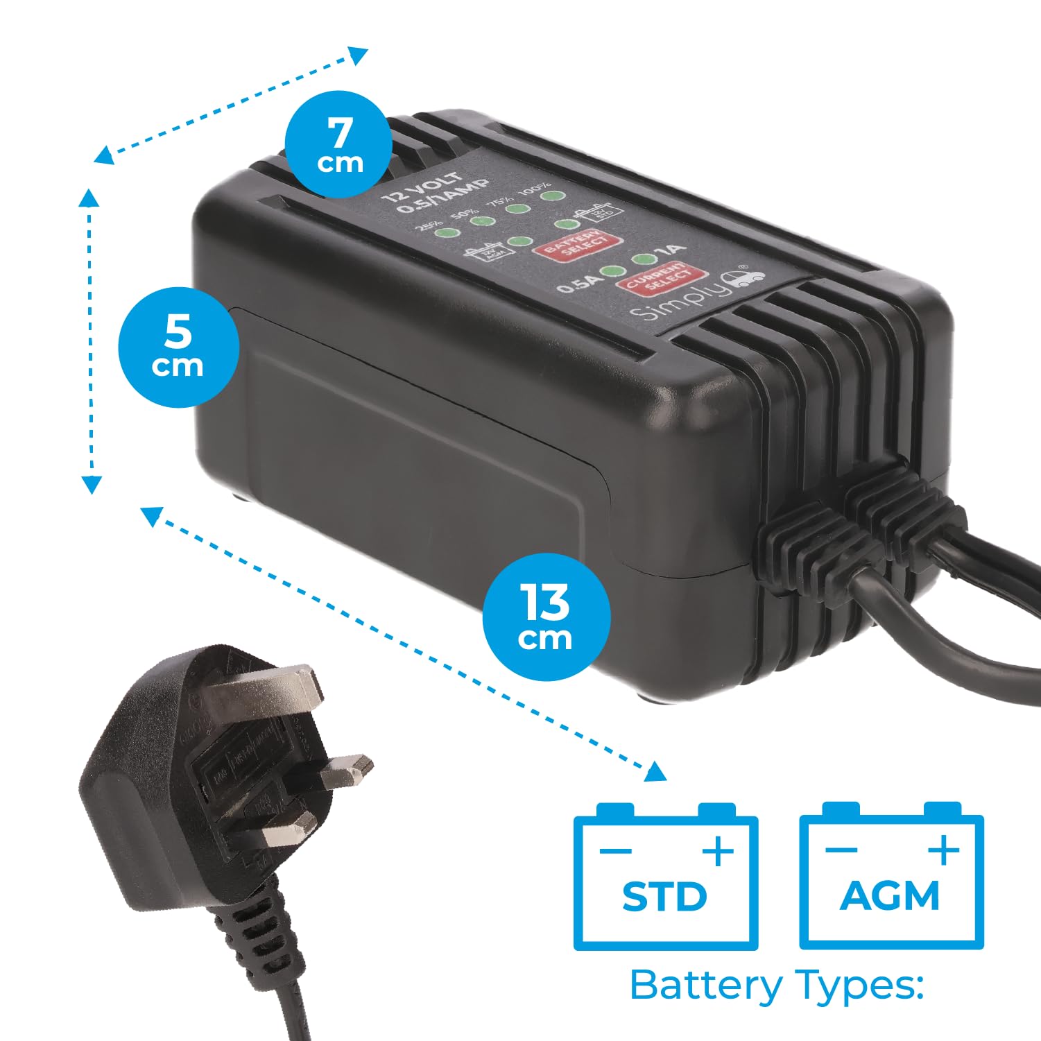 Simply BTC-4004 - Cargador de batería portátil de 0,5/1 A, 12 V, 100 AH, portátil, Ajustable y sin complicaciones, Apto para Todos los vehículos