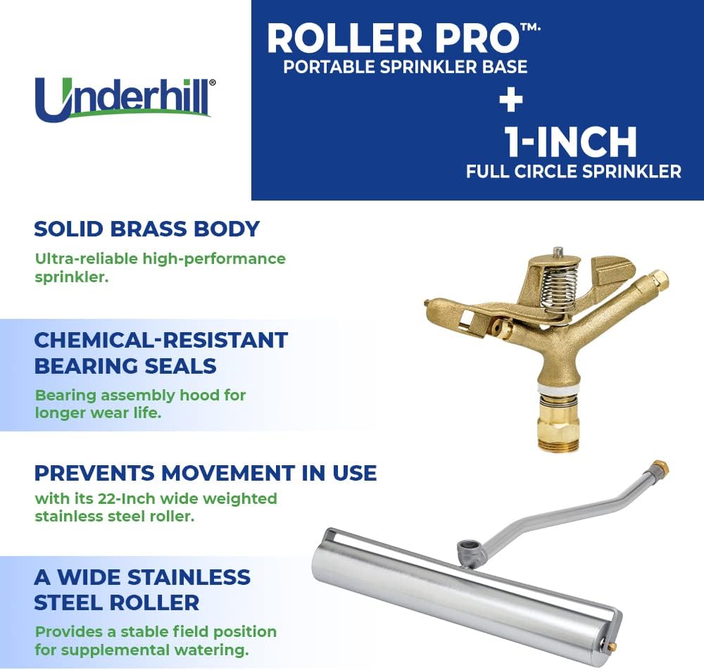 Underhill RollerPro 22-Inch Portable Sprinkler System Base with 1-Inch Full Circle Brass Impact Sprinkler, 1-Inch FHT x 1-Inch FPT, A-RP221-SI100F