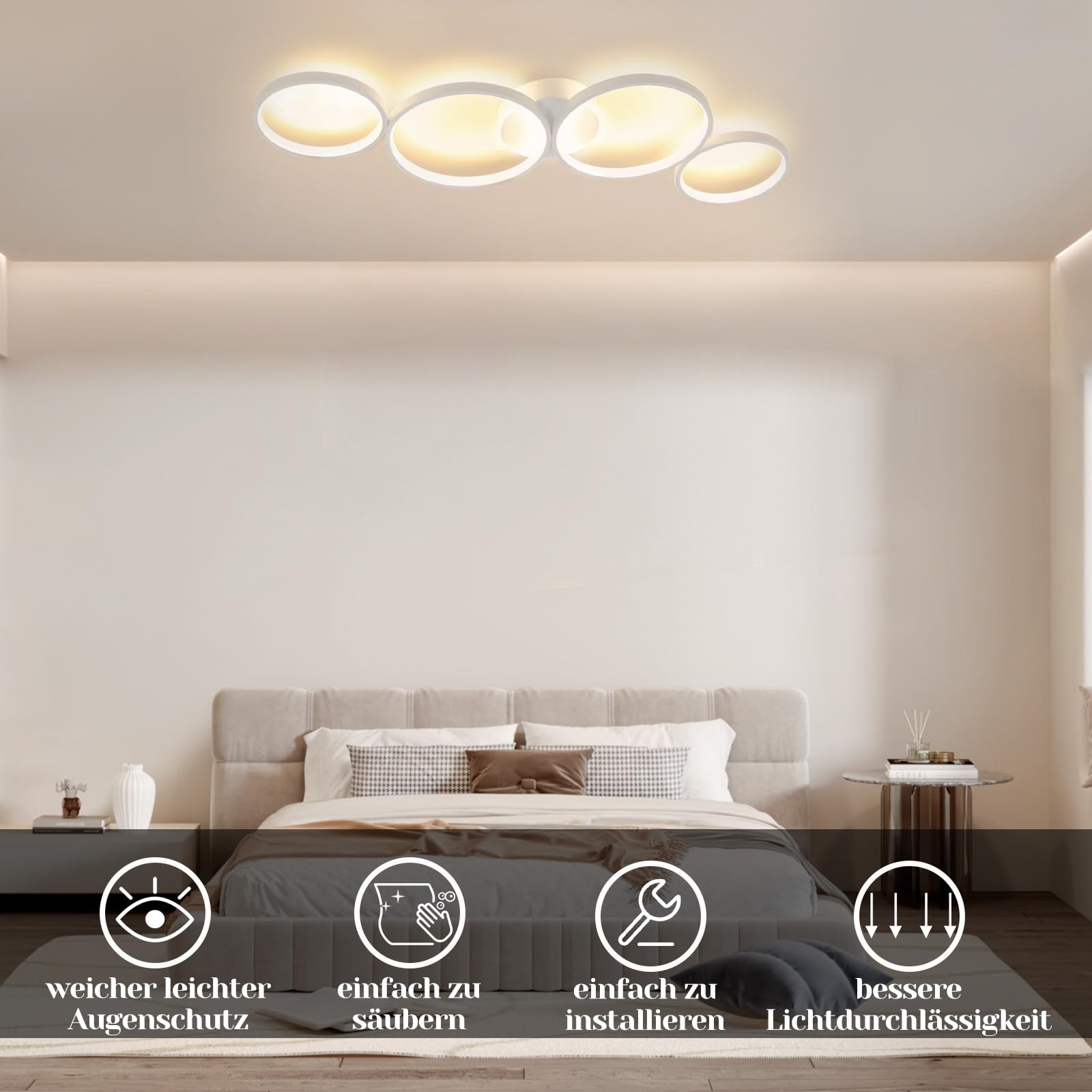 GBLY lampa sufitowa LED, nowoczesna, 4-punktowa, o wyglądzie pierścienia, 3000 K, ciepła biel, okrągła, 37 W, do salonu, z aluminium, do sypialni, salonu, korytarza, biura, gabinetu, 89 cm