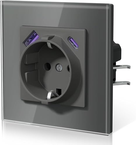 BSEED Enchufes con 20W USB y Tipo C,Enchufe Pared con Cristal,Instalación Con Garfio,Conexión sin Destornillador,Seguridad infantil,E-Serie,1 Enchufe(20W),86mm Gris